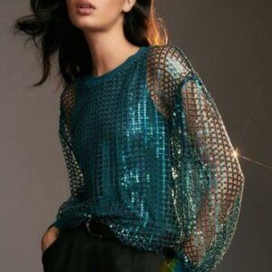NWT Anthropologie Pilcro Long Sleeve Balloon Sleeve Sequin Top Turquoise S Mesh